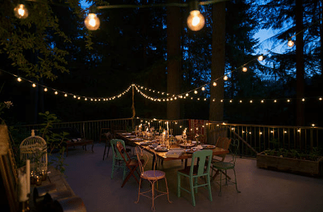 terrasse de nuit avec table à manger et guirlandes lumineuses