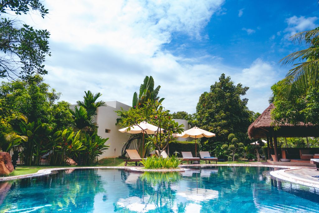 piscine avec verdure et parasols